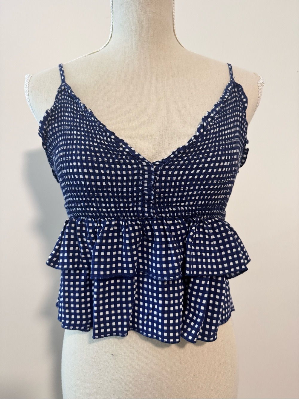 Ocean Drive Navy and White Gingham Ruffled Cropped Tank Top Size L